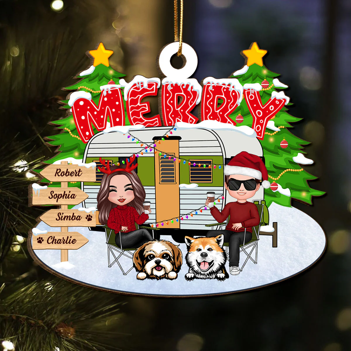 Couple And Dogs Camping Merry Christmas Personalized Wooden Ornament - Image 6
