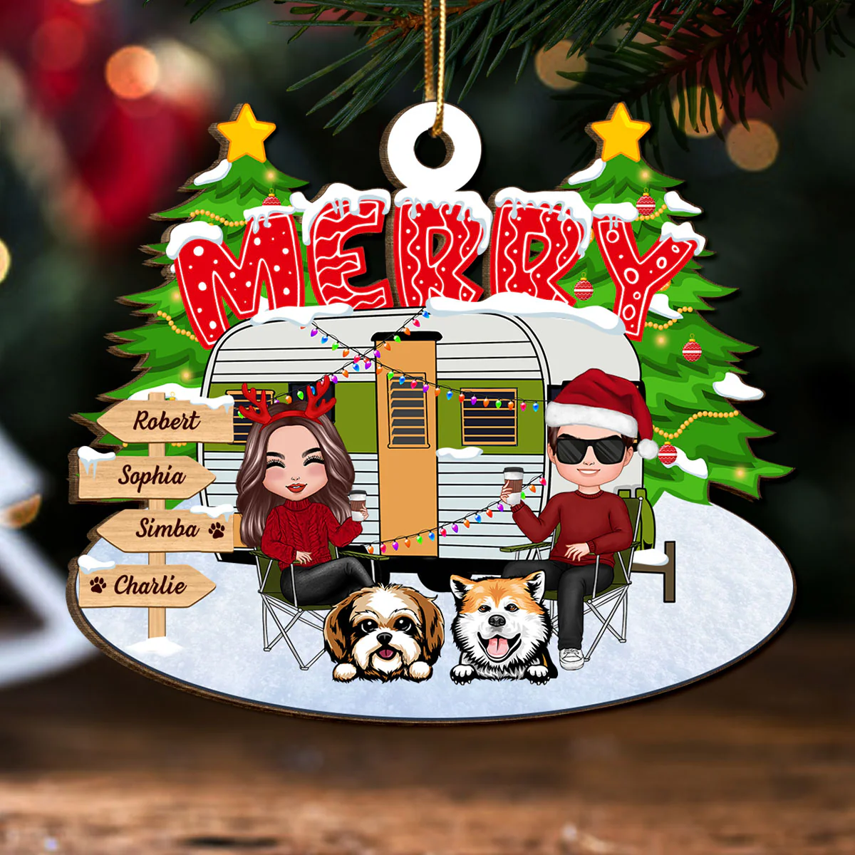 Couple And Dogs Camping Merry Christmas Personalized Wooden Ornament - Image 8