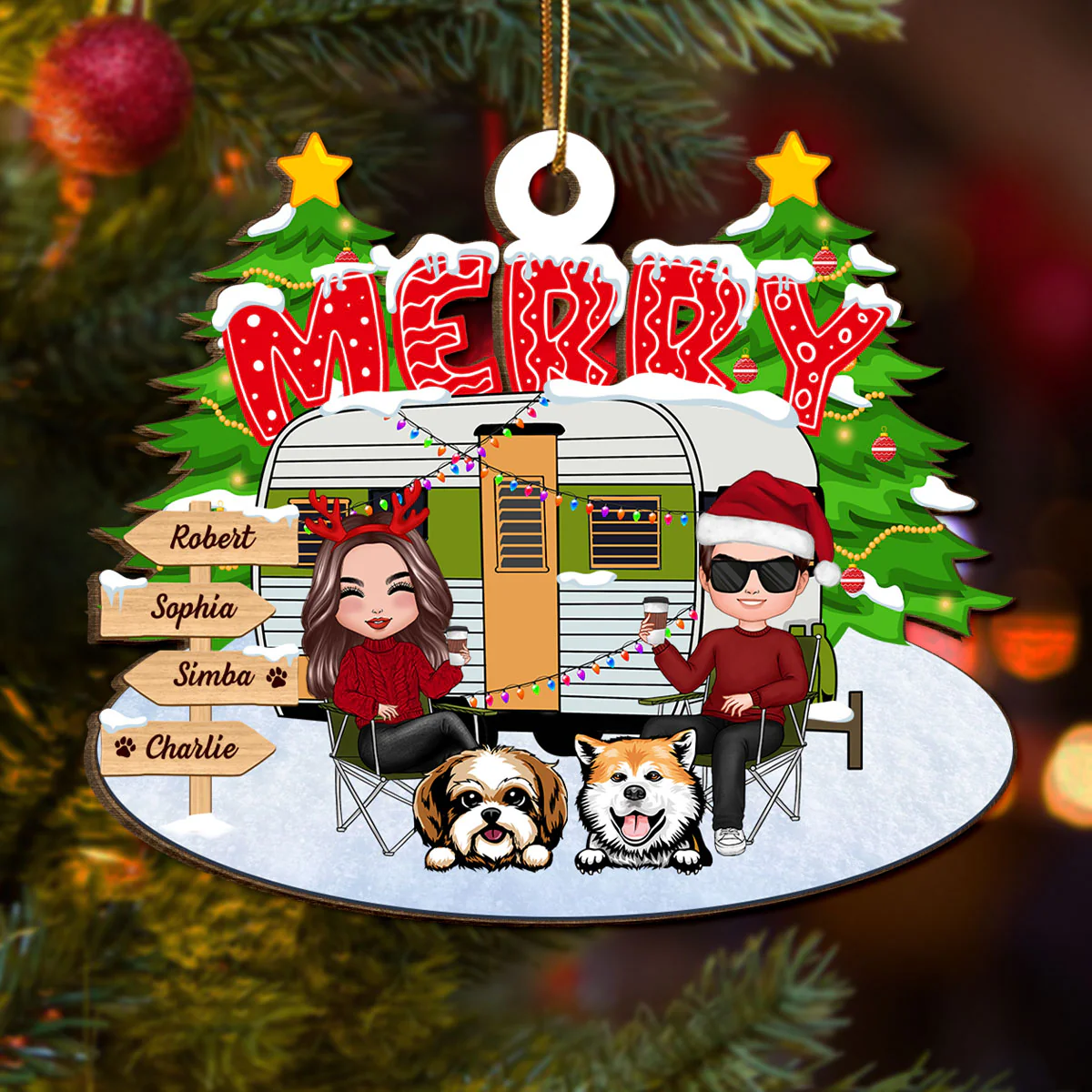 Couple And Dogs Camping Merry Christmas Personalized Wooden Ornament - Image 9