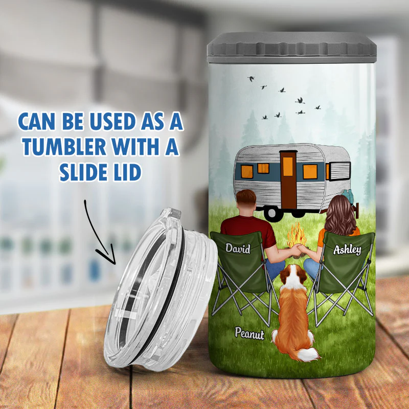 Couple And Dogs Camping Multi Use Tumbler - Personalized 4 In 1 Can Cooler - Christmas Gift For Camping And Dog Lovers - Image 9