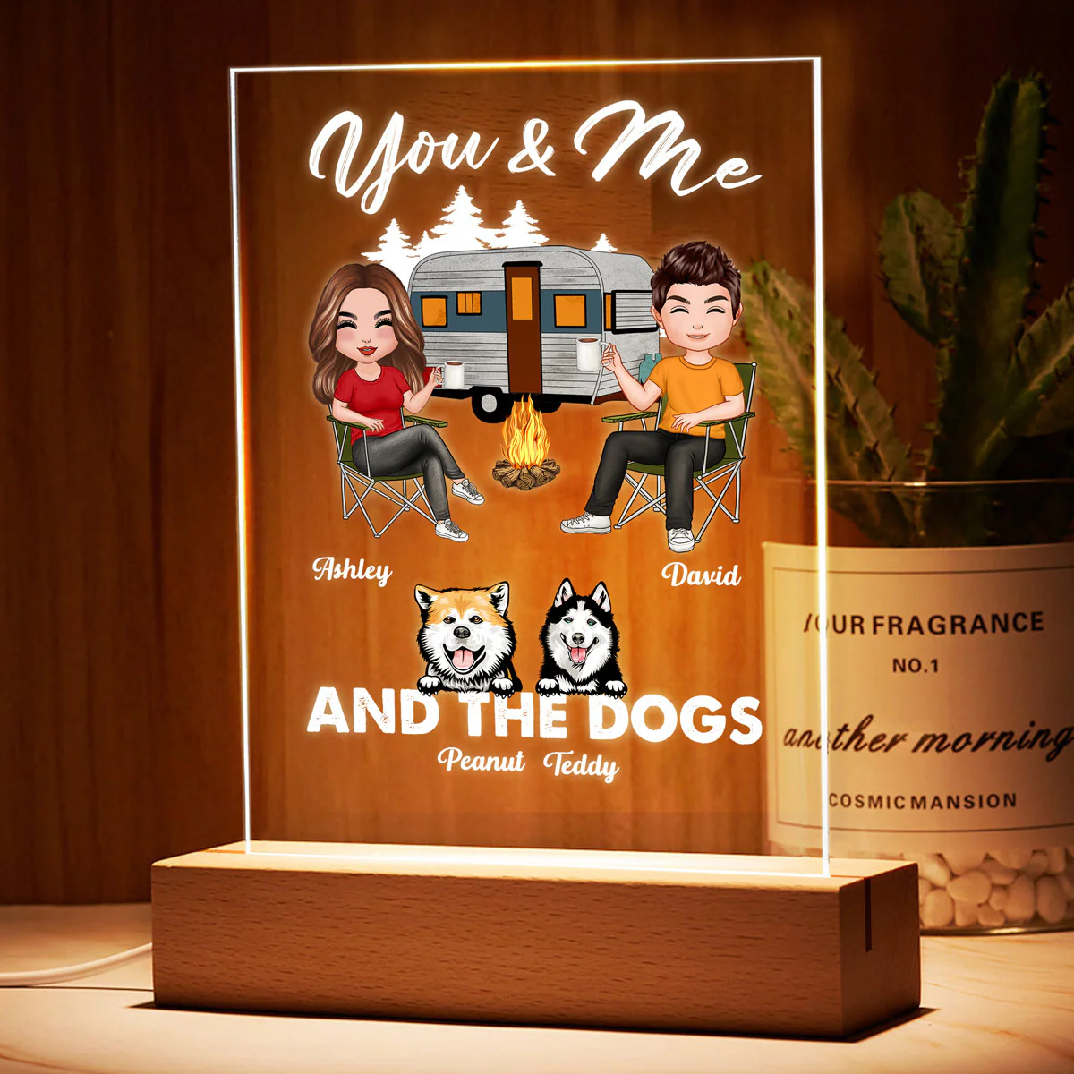 Couple And Dogs Camping Personalized Rectangle LED Night Light - Acrylic LED Lamp, Valentine‘s Day Gift For Her, Gift For Him - Image 3