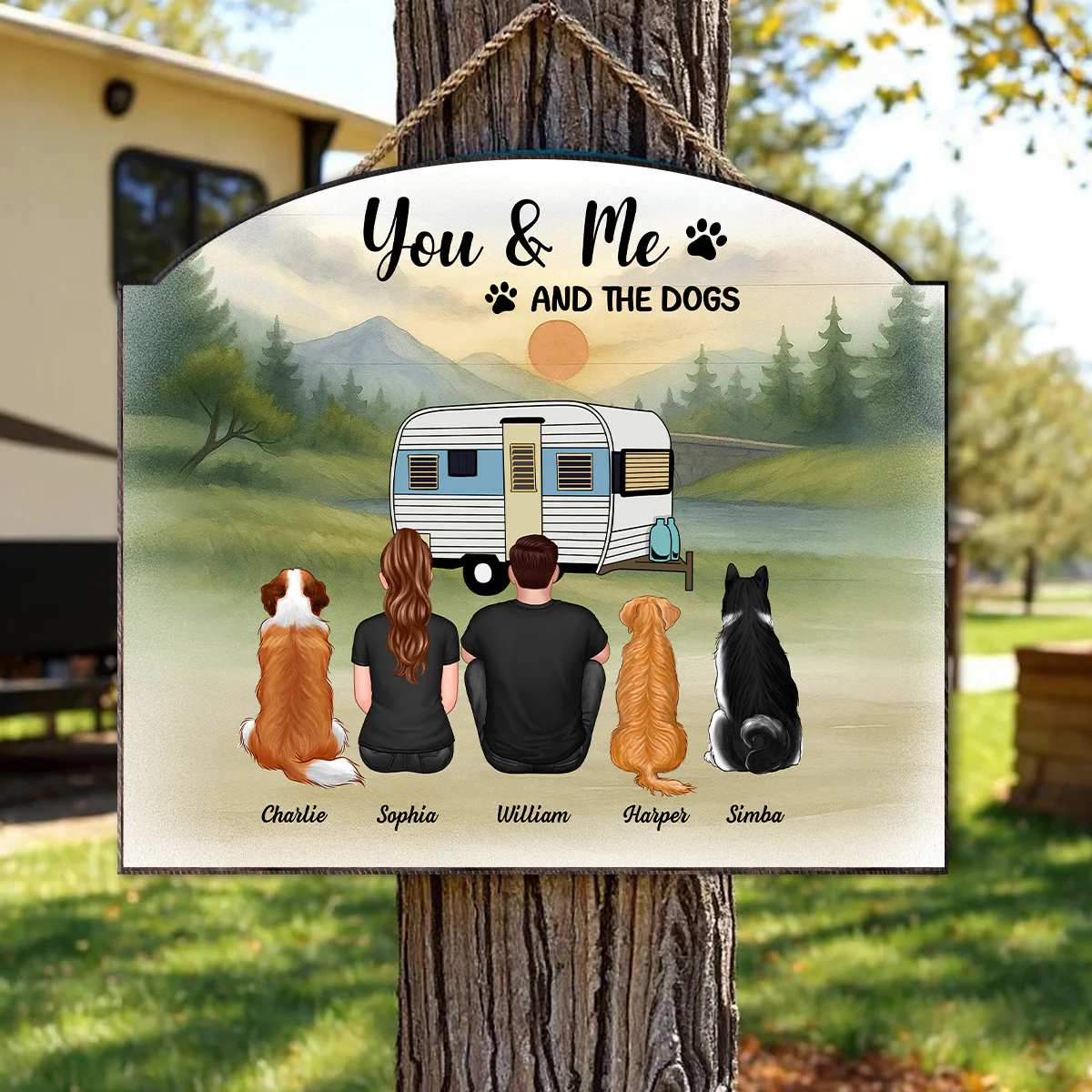 Couple And Dogs Camping Retro Mountain Personalized Wood Sign, Gift for Camping & Dog Lovers - Image 2