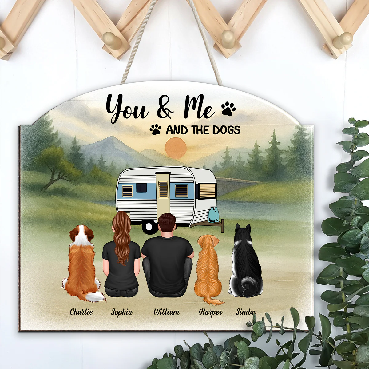 Couple And Dogs Camping Retro Mountain Personalized Wood Sign, Gift for Camping & Dog Lovers - Image 4