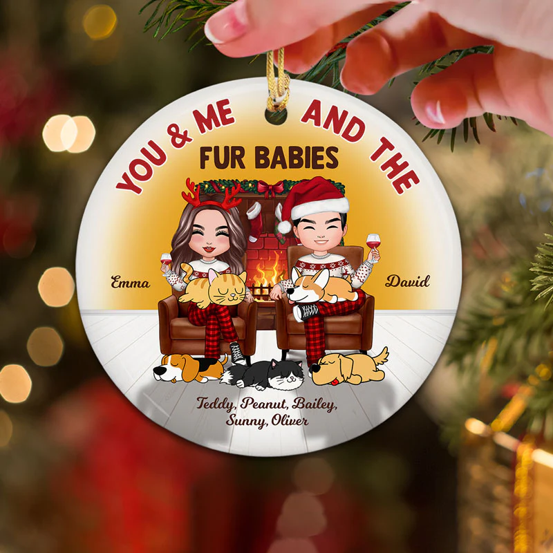 Couple And Dogs Cats In House Fireplace Personalized Circle Ornament - Image 2