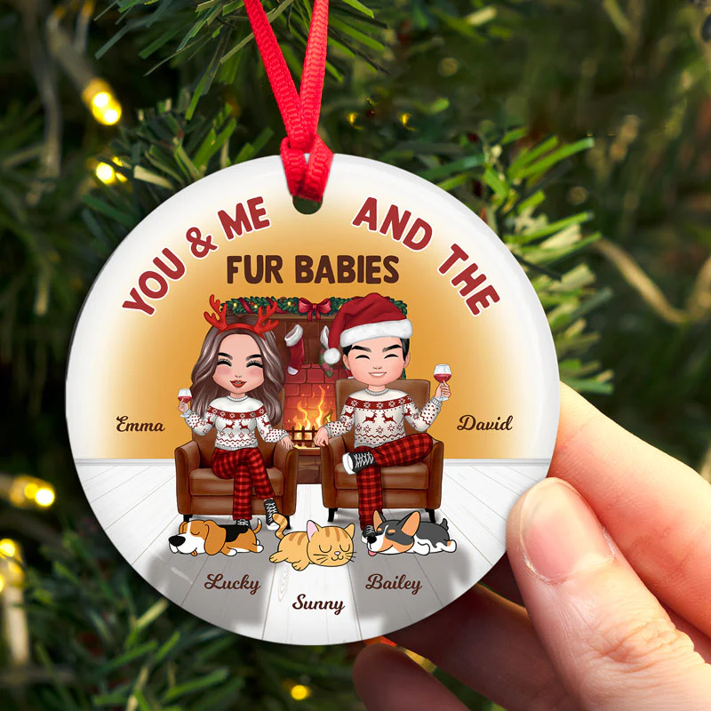 Couple And Dogs Cats In House Fireplace Personalized Circle Ornament - Image 3