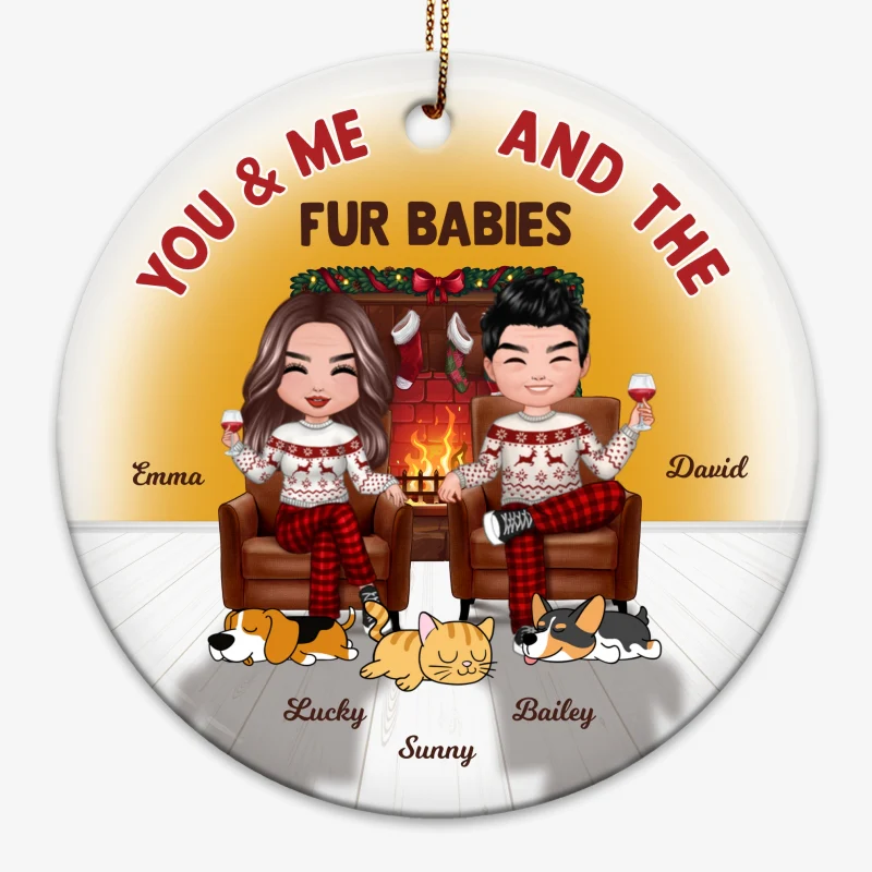 Couple And Dogs Cats In House Fireplace Personalized Circle Ornament - Image 4