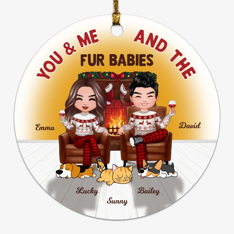 Couple And Dogs Cats In House Fireplace Personalized Circle Ornament - Image 5