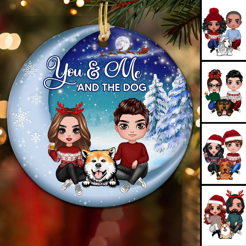 Couple And Dogs Christmas Moon Night Personalized Circle Ornament - Image 2
