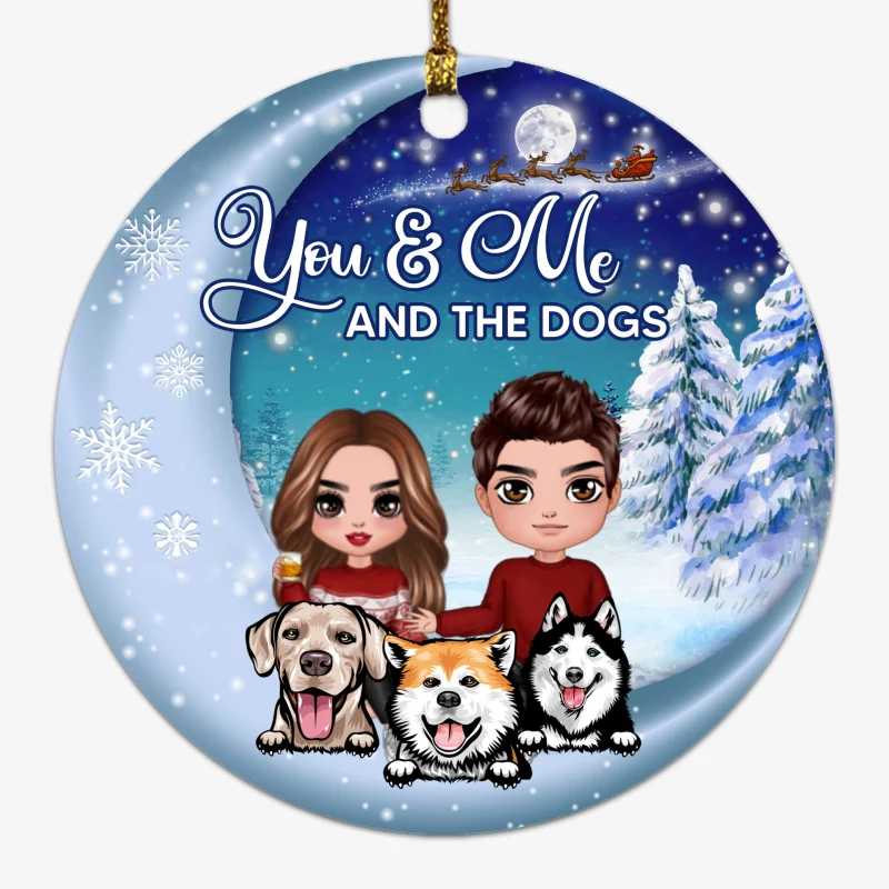 Couple And Dogs Christmas Moon Night Personalized Circle Ornament - Image 4