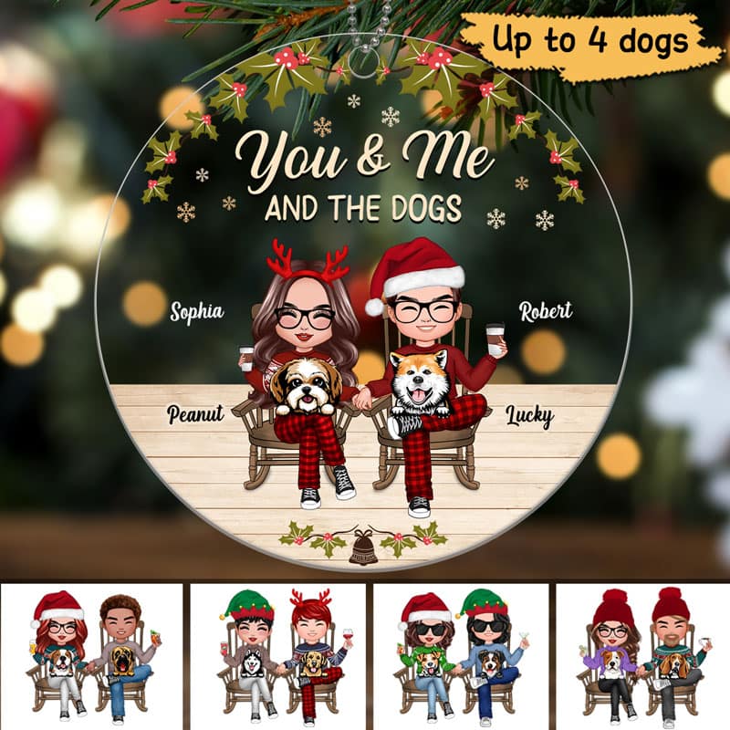 Couple And Dogs On Chair Personalized Acrylic Ornament - Image 2
