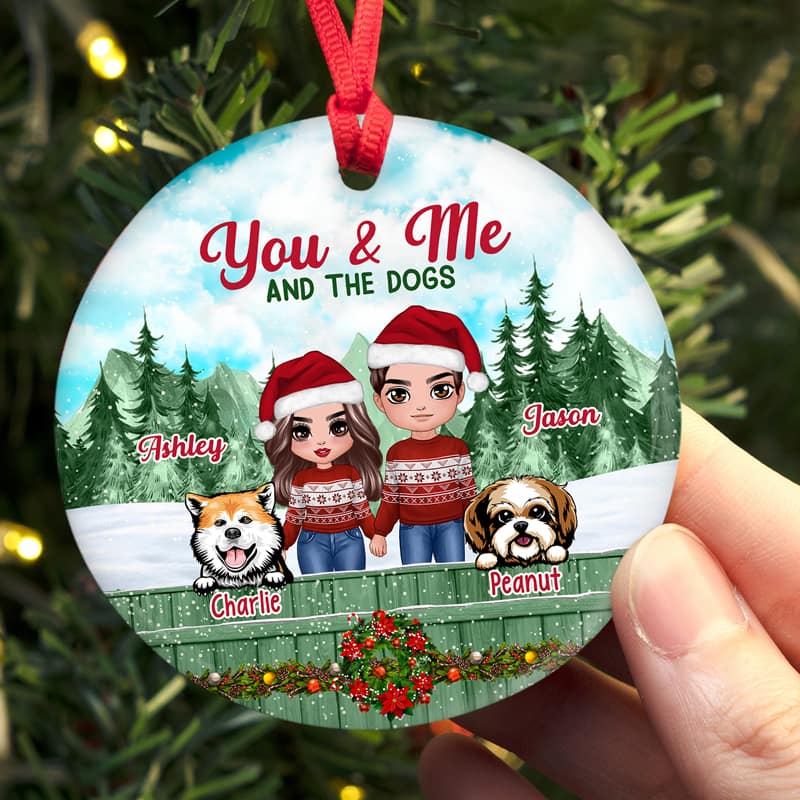 Couple And Dogs On Fence Christmas Personalized Circle Ornament - Image 2