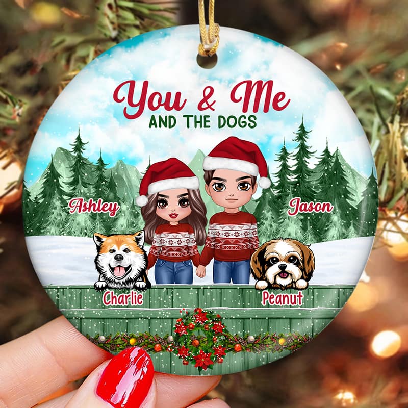 Couple And Dogs On Fence Christmas Personalized Circle Ornament - Image 3