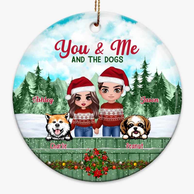 Couple And Dogs On Fence Christmas Personalized Circle Ornament - Image 4