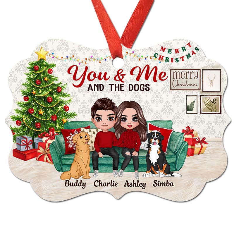 Couple And Dogs Sitting On Sofa Personalized Christmas Ornament