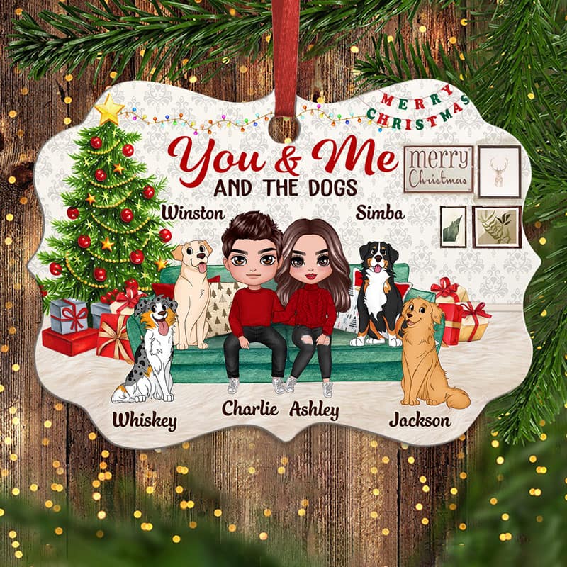 Couple And Dogs Sitting On Sofa Personalized Christmas Ornament - Image 2