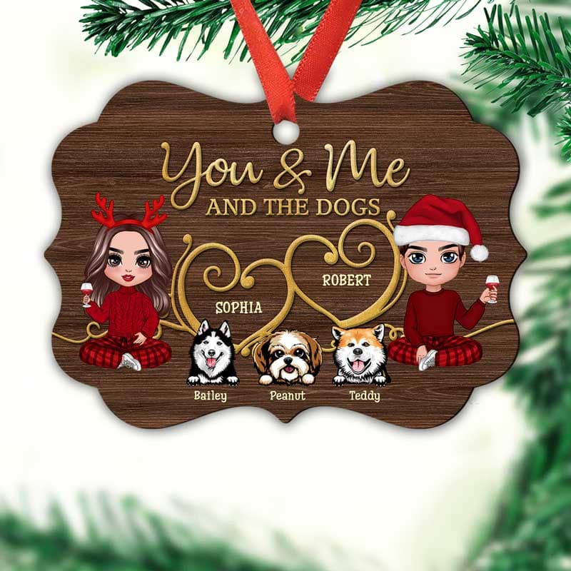 Couple And Dogs Wooden Heart Personalized Christmas Ornament - Image 2