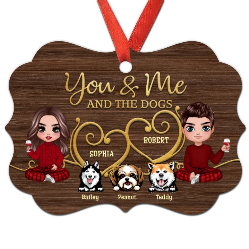 Couple And Dogs Wooden Heart Personalized Christmas Ornament - Image 3