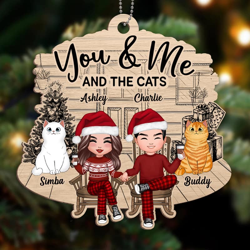 Couple And Fluffy Cats Front Porch Personalized Christmas Wooden Ornament - Image 2