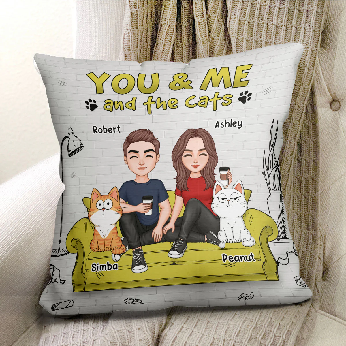 Couple And Funny Cats You Me And The Cats Personalized Pillow - Image 2