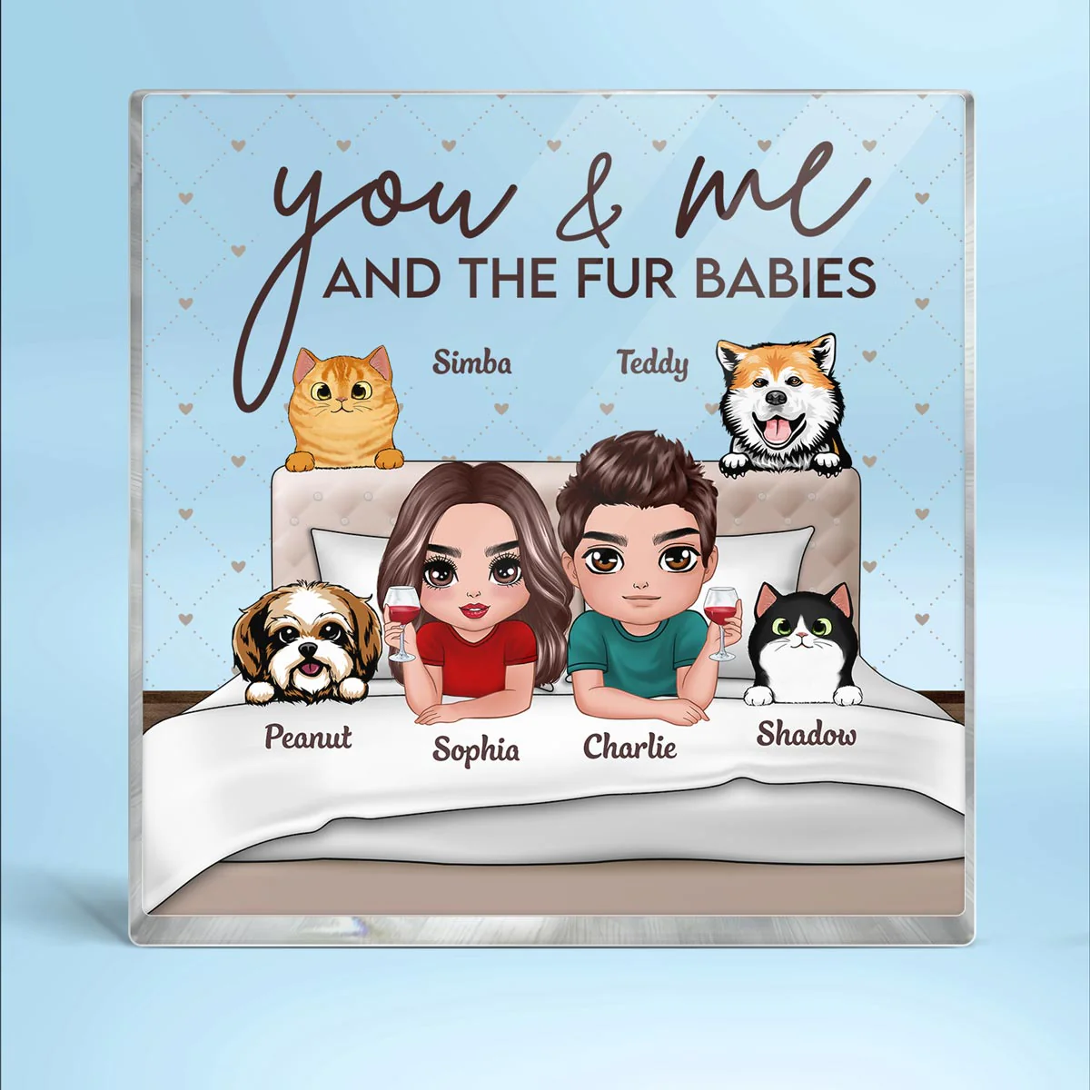 Couple And Fur Babies On Bed Personalized Acrylic Block Plaque
