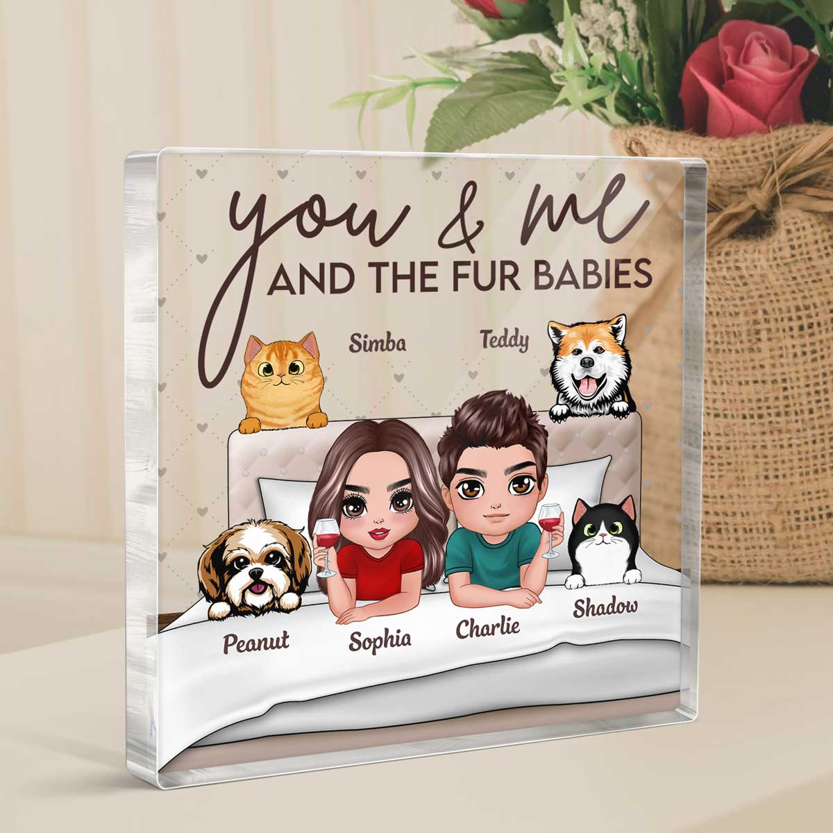 Couple And Fur Babies On Bed Personalized Acrylic Block Plaque - Image 2