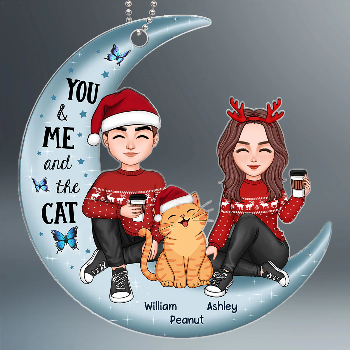 Couple And Smiling Cat On Moon Personalized Acrylic Ornament - Image 2
