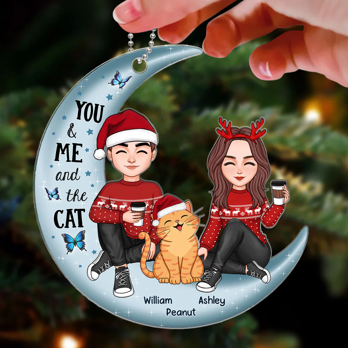 Couple And Smiling Cat On Moon Personalized Acrylic Ornament - Image 3