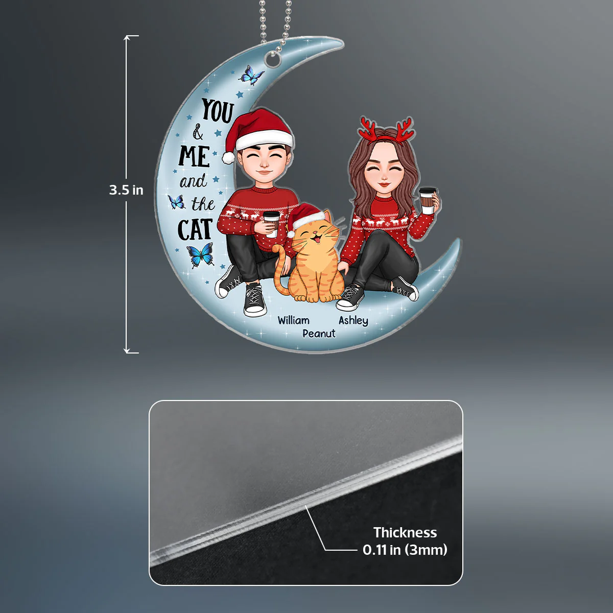 Couple And Smiling Cat On Moon Personalized Acrylic Ornament - Image 4