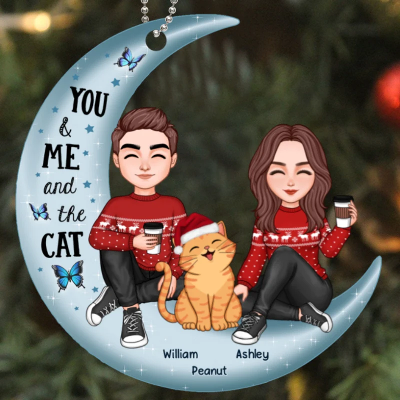 Couple And Smiling Cat On Moon Personalized Acrylic Ornament - Image 5