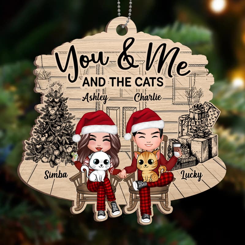 Couple And The Cats Front Porch Personalized Christmas Wooden Ornament - Image 3