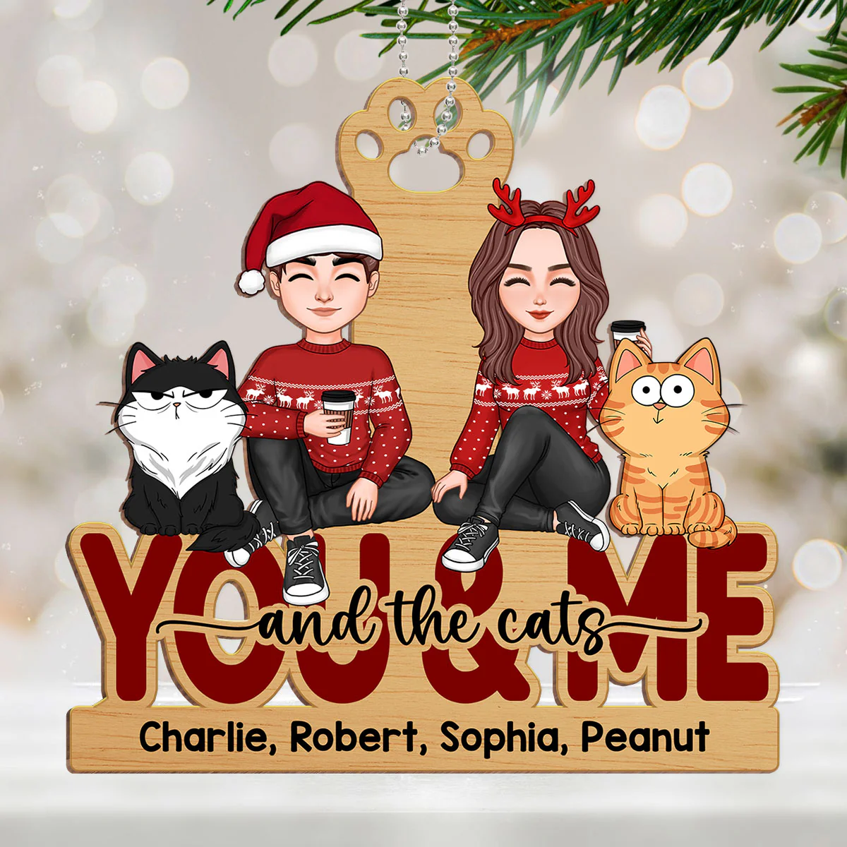 Couple And The Cats Funny Expression Personalized Wooden Ornament - Image 2