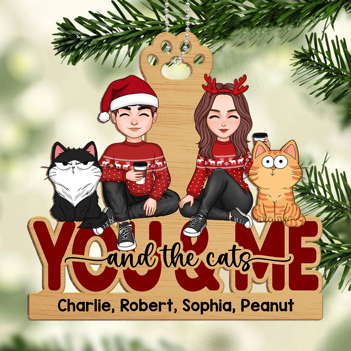 Couple And The Cats Funny Expression Personalized Wooden Ornament - Image 3