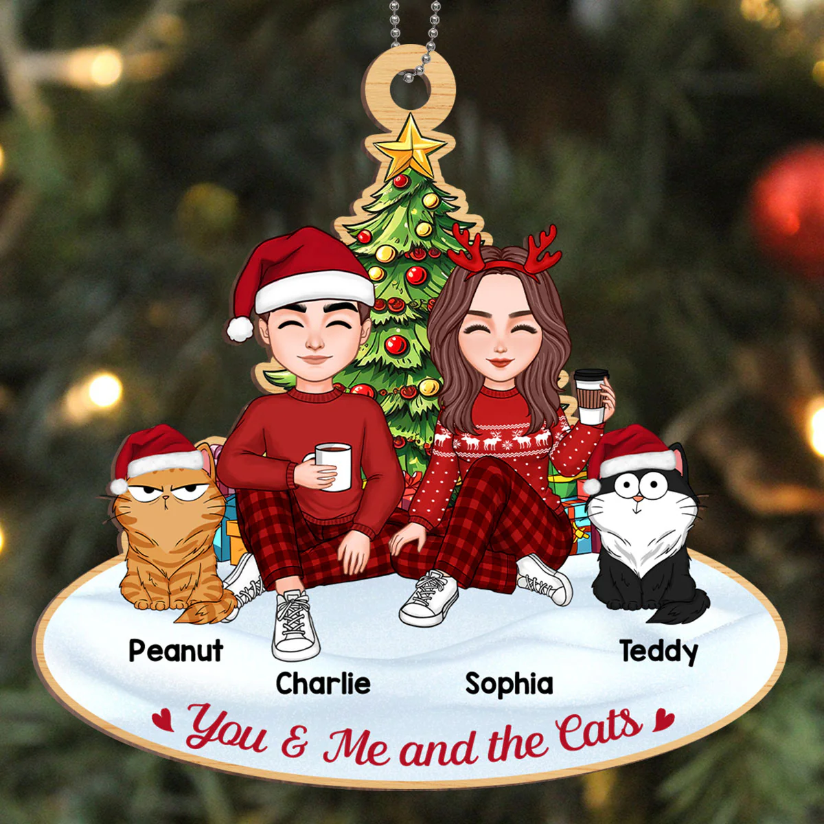 Couple And The Cats Under Christmas Tree Personalized Wooden Ornament - Image 2