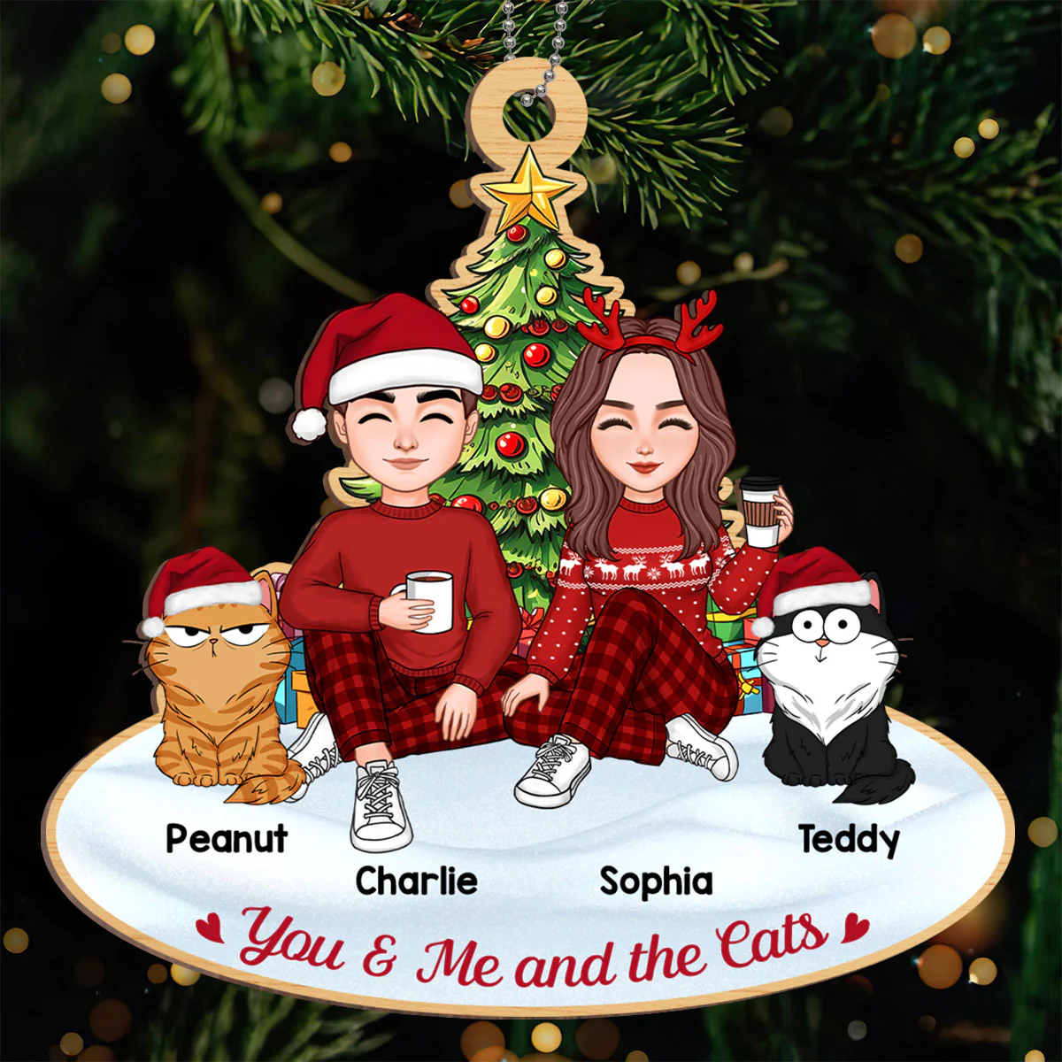 Couple And The Cats Under Christmas Tree Personalized Wooden Ornament - Image 3