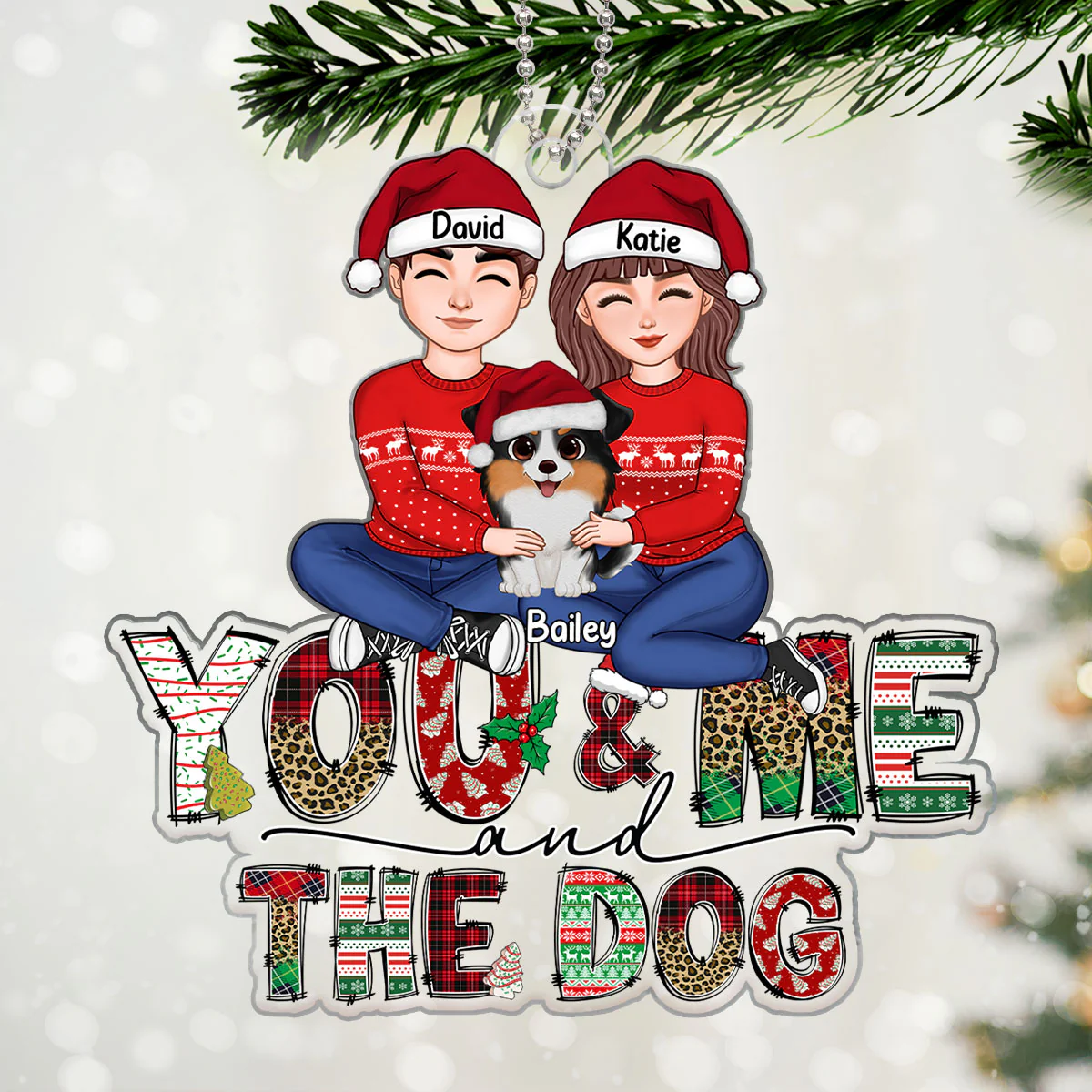 Couple And The Dog Doodle Letter Personalized Acrylic Ornament