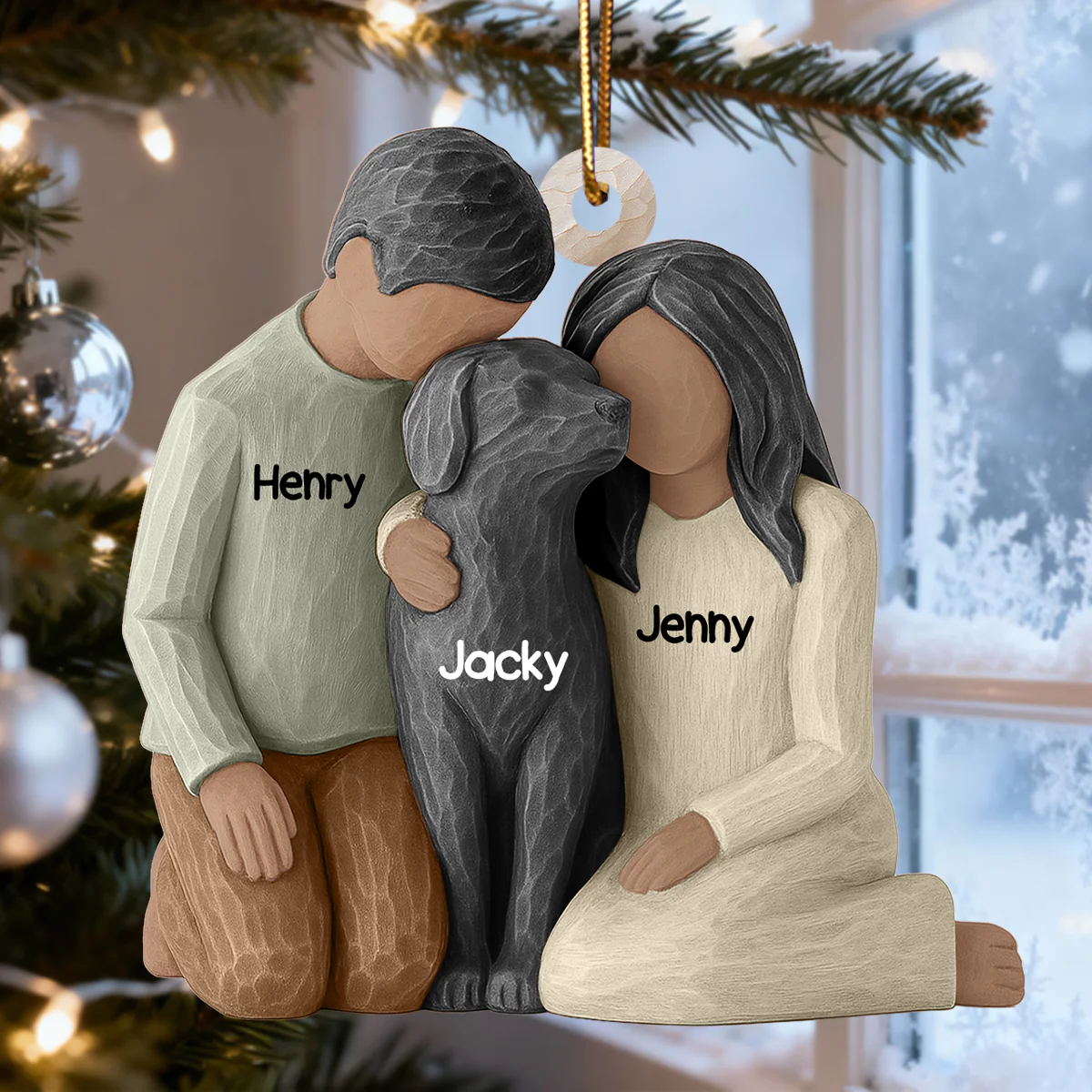 Couple and the Dogs 3D Effect - Personalized Wooden Ornament - Christmas Gift for him, for her - Image 4