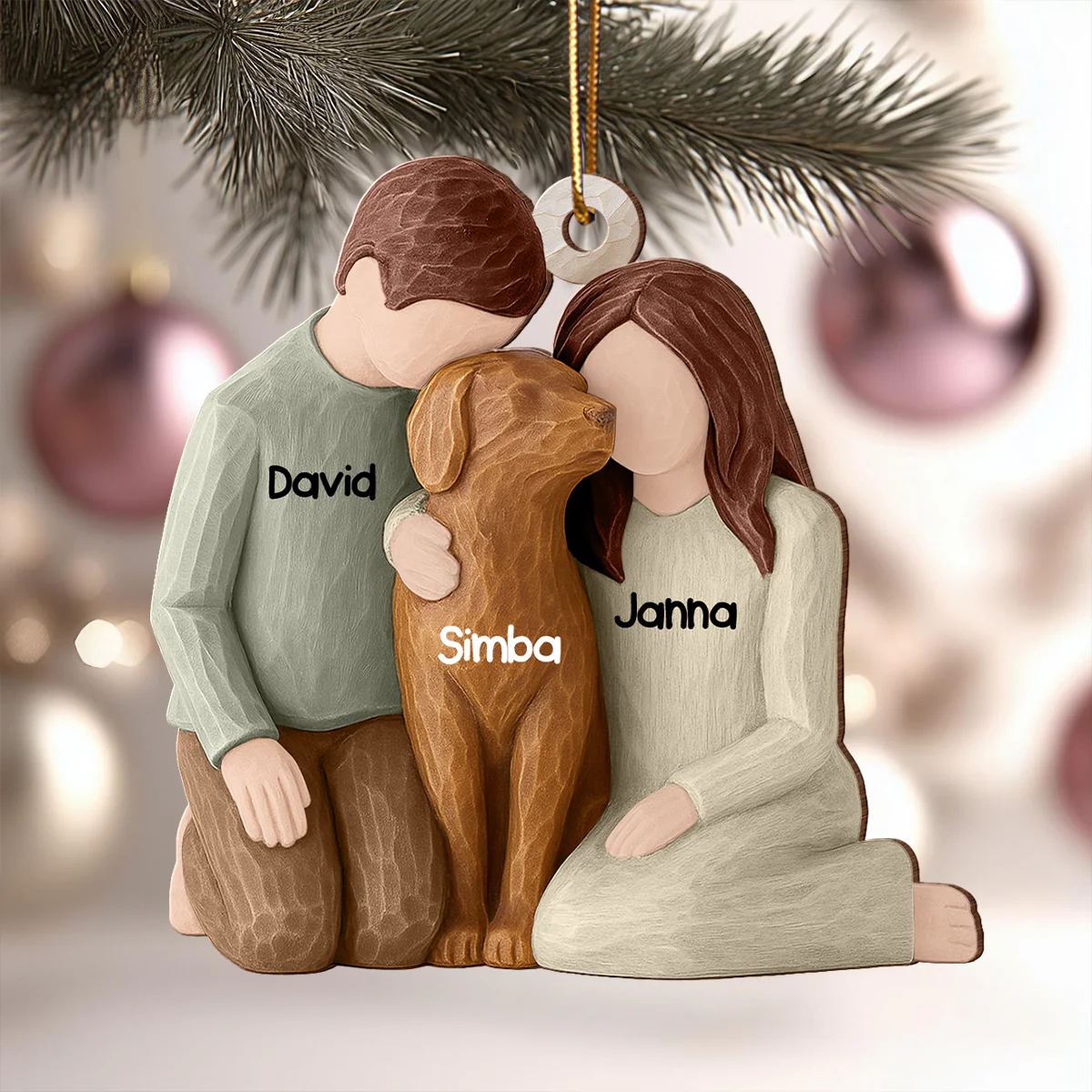 Couple and the Dogs 3D Effect - Personalized Wooden Ornament - Christmas Gift for him, for her - Image 5