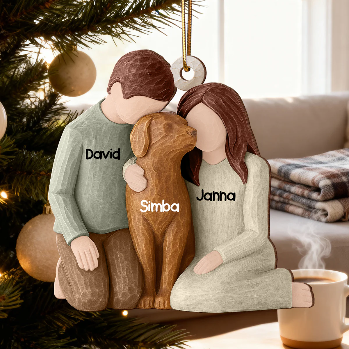 Couple and the Dogs 3D Effect - Personalized Wooden Ornament - Christmas Gift for him, for her - Image 6