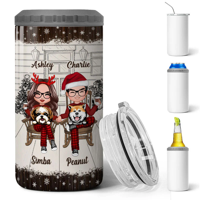 Couple And The Dogs Front Porch Christmas Gift Personalized 4 In 1 Can Cooler - Image 3