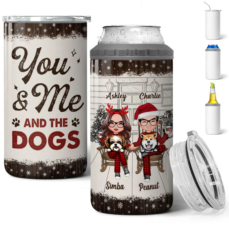 Couple And The Dogs Front Porch Christmas Gift Personalized 4 In 1 Can Cooler - Image 4