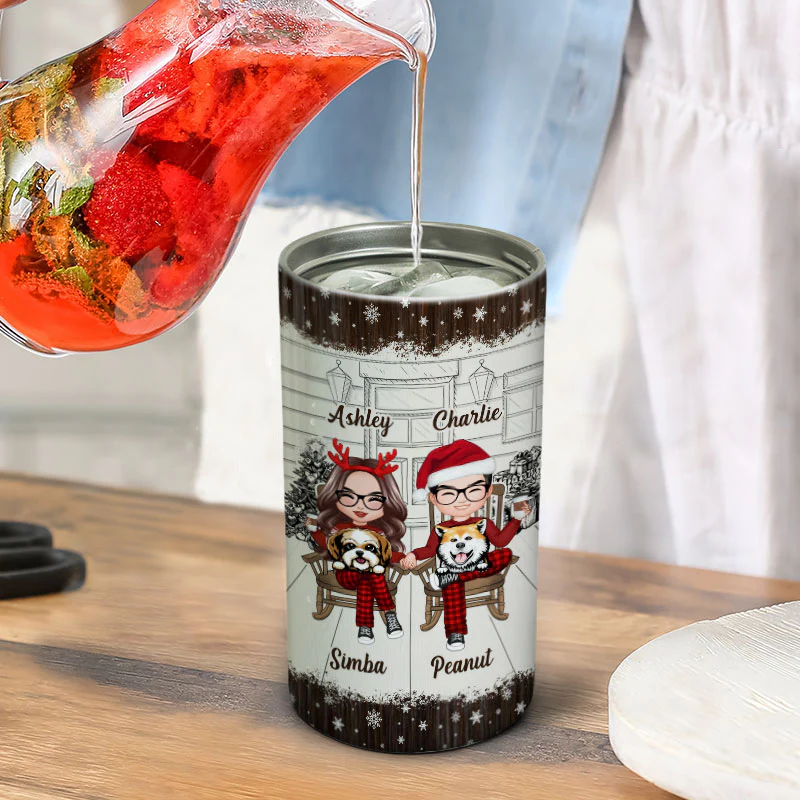 Couple And The Dogs Front Porch Christmas Gift Personalized 4 In 1 Can Cooler - Image 6