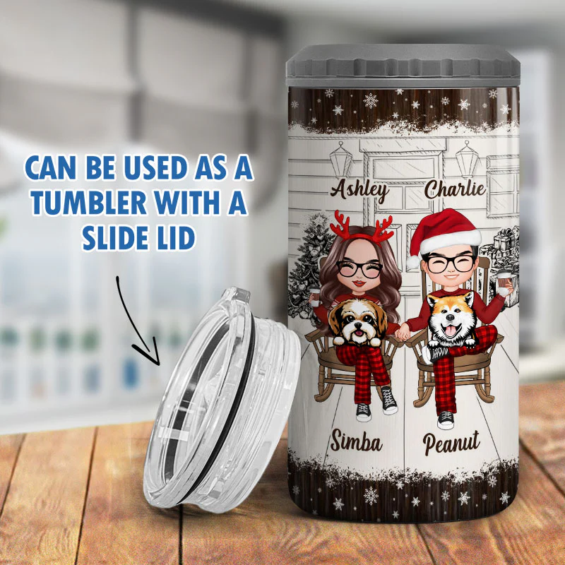 Couple And The Dogs Front Porch Christmas Gift Personalized 4 In 1 Can Cooler - Image 8