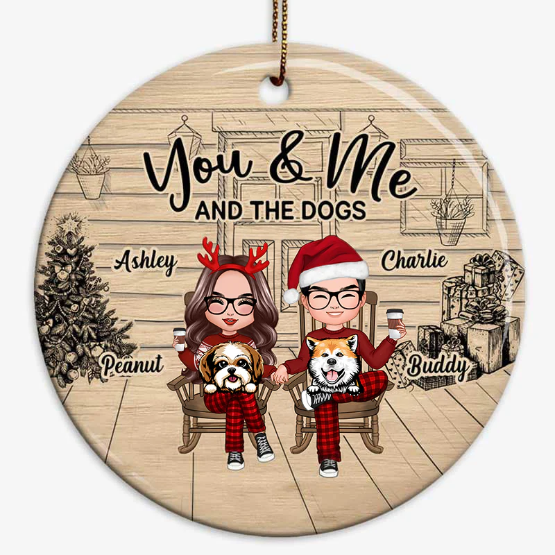 Couple And The Dogs Front Porch Personalized Christmas Circle Ornament