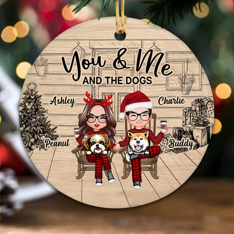 Couple And The Dogs Front Porch Personalized Christmas Circle Ornament - Image 2