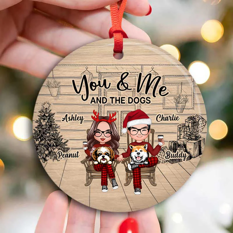 Couple And The Dogs Front Porch Personalized Christmas Circle Ornament - Image 3