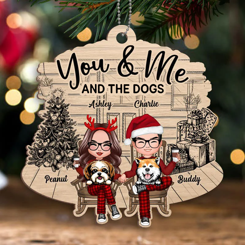 Couple And The Dogs Front Porch Personalized Christmas Wooden Ornament - Image 2