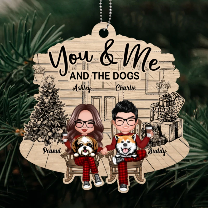 Couple And The Dogs Front Porch Personalized Christmas Wooden Ornament - Image 4