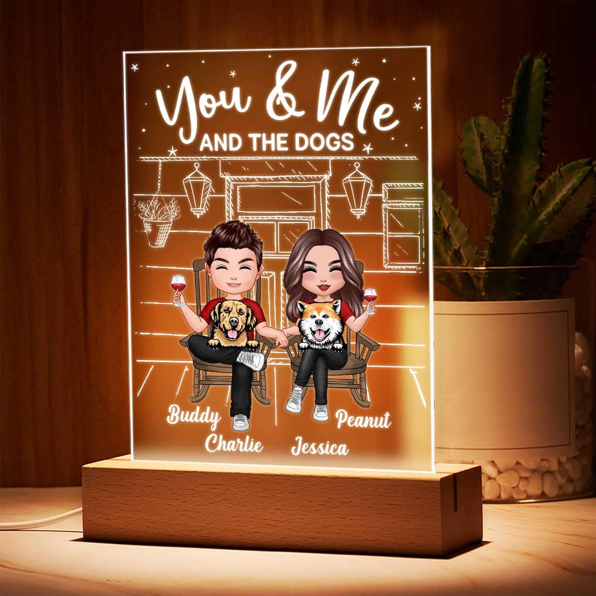 Couple And The Dogs Front Porch Personalized Plaque LED Night Light, Acrylic LED Lamp - Image 3