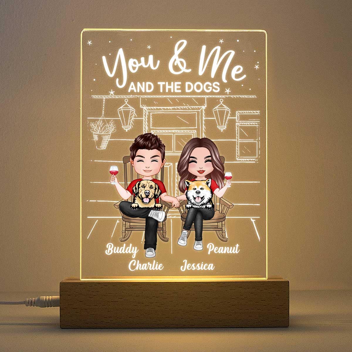 Couple And The Dogs Front Porch Personalized Plaque LED Night Light, Acrylic LED Lamp - Image 4