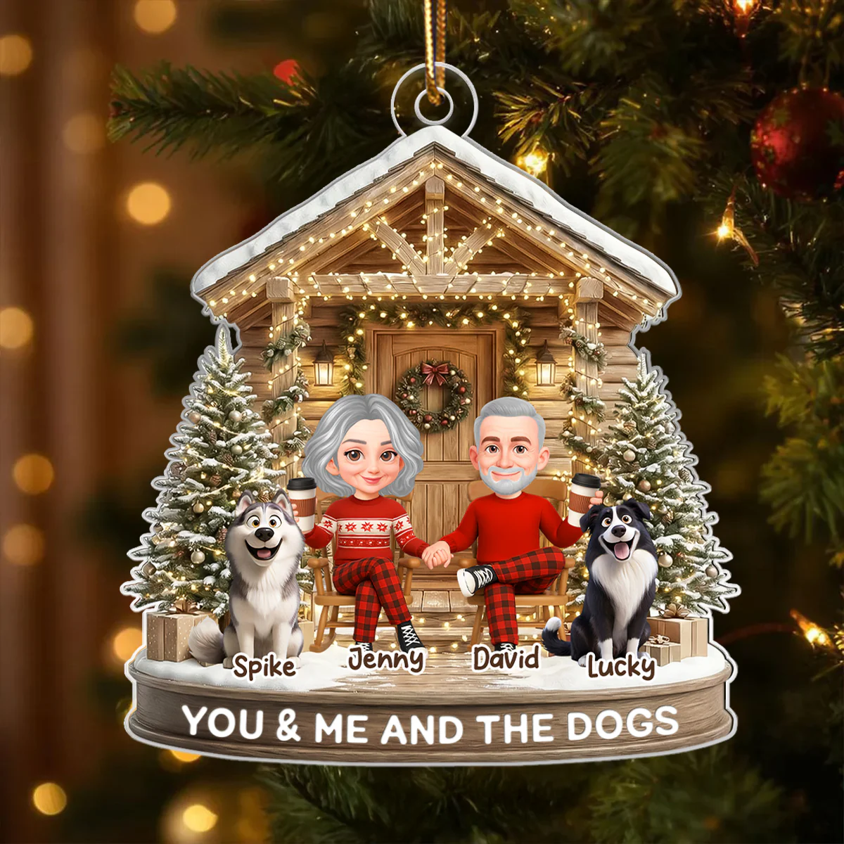 Couple And The Dogs Front Porch - Personalized Acrylic Ornament - Christmas Gift for him, for her - Image 3